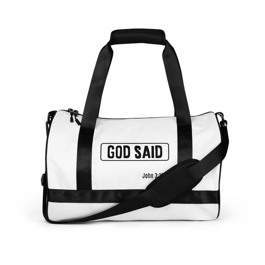 God Said- All-over print gym bag