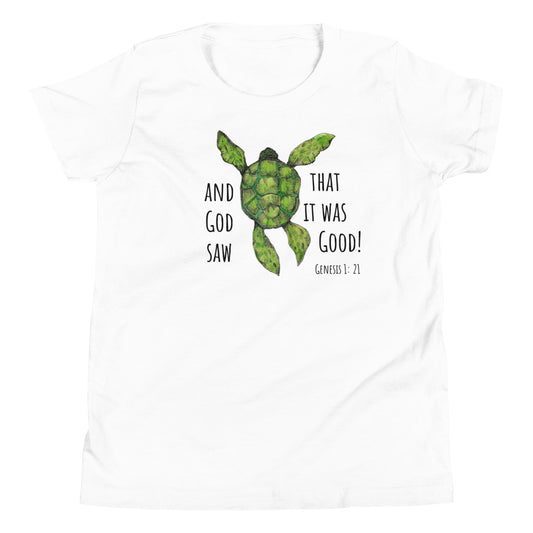 God Said "Genesis Collection" Sea Turtle- White Youth Short Sleeve T-Shirt