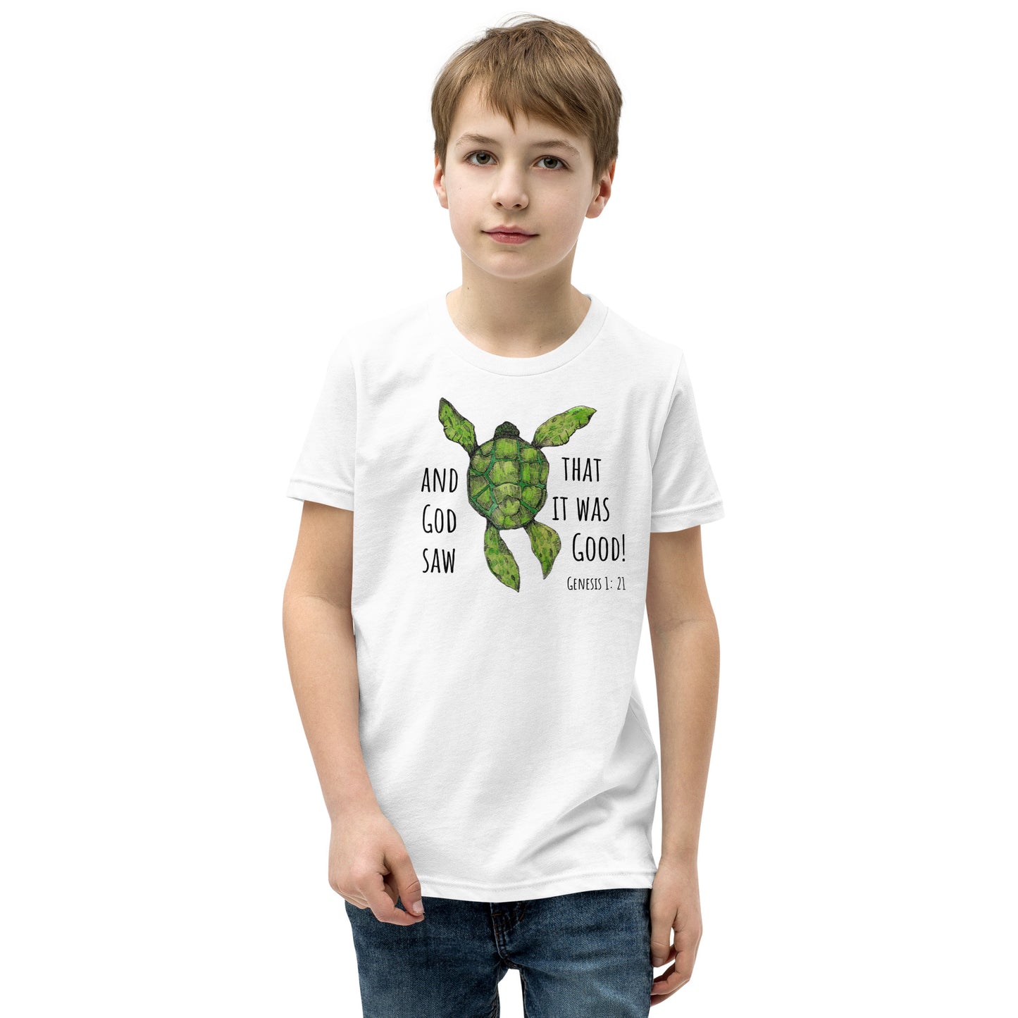 God Said "Genesis Collection" Sea Turtle- White Youth Short Sleeve T-Shirt
